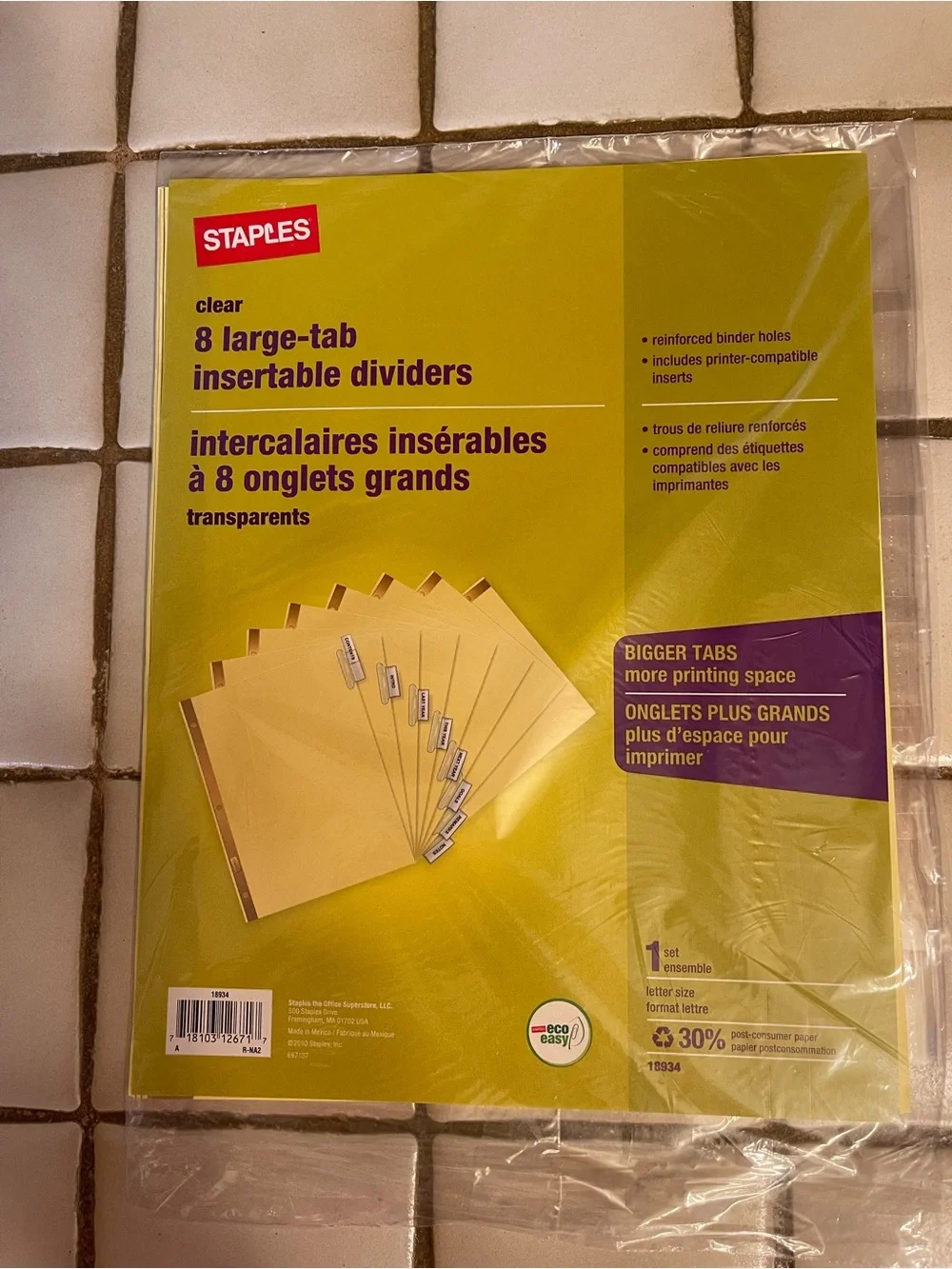 STAPLES Clear 8 Large-Tab Insertable Dividers — Yellow